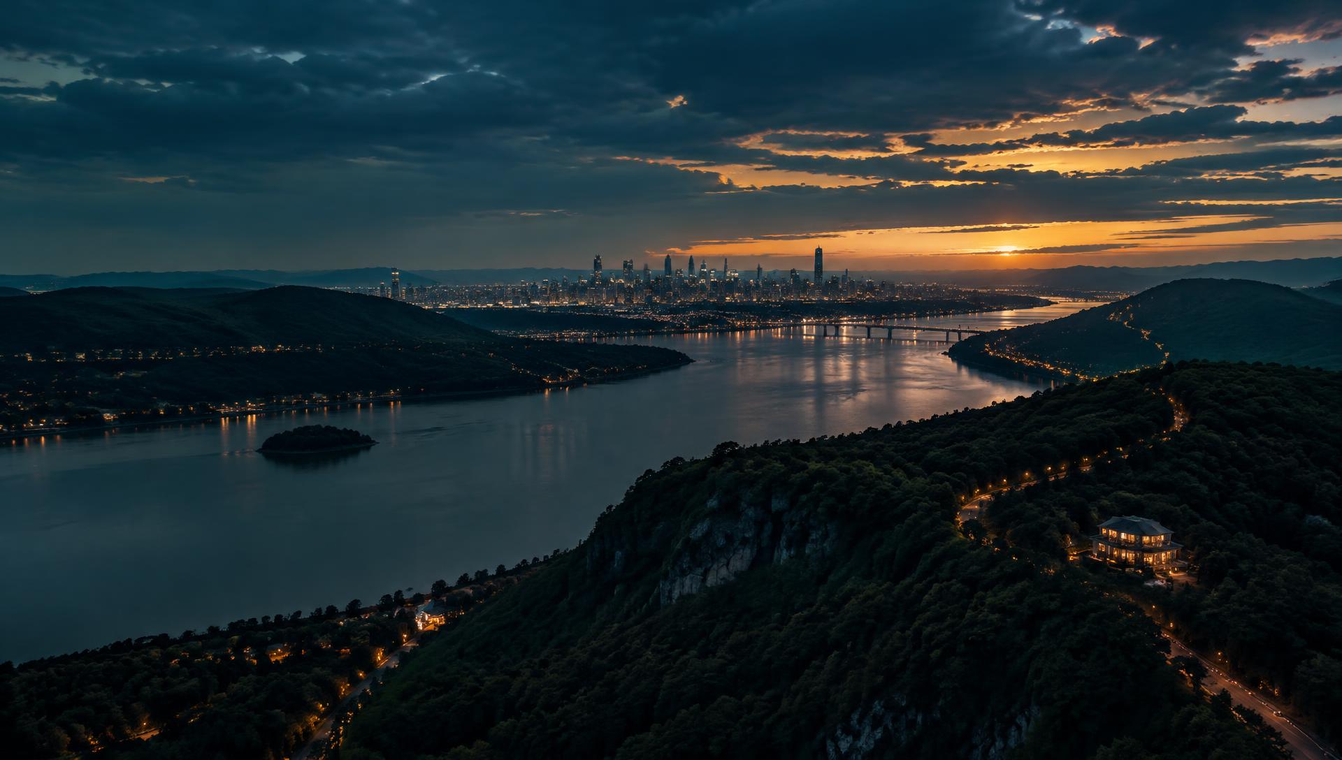 Hudson Valley river at dusk with a city skyline in the distance